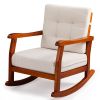 Outdoor Wood Rocking Chair with Detachable Washable Cushions, Patio Rocker with Inclined Backrest