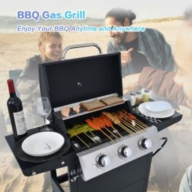 Propane Gas Grill 3 Burner Barbecue Grill, Stainless Steel 26,000 BTU Patio Garden Barbecue Grill with Two Shelves, Lid, Wheels and Bottle Opener (Grill Body Material: Iron)